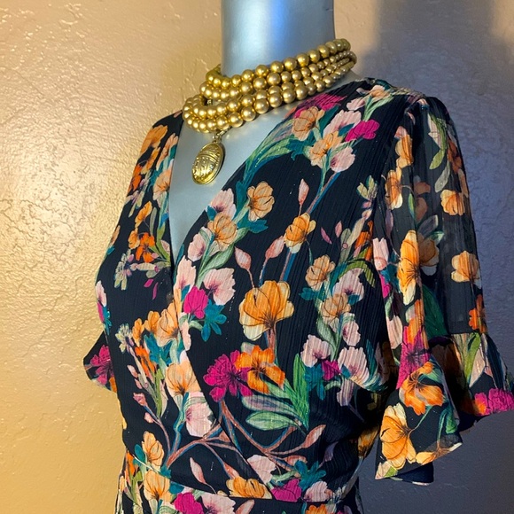 Adelyn Rae Anthro Navy Blue Floral Faux Wrap Mini Dress.  Sz XS - Picture 5 of 6